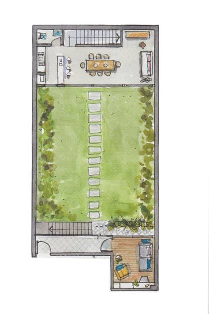 Vista de la planta baja de este lote que mide 8m de ancho y tiene, desde el inicio del jardín, 14 de largo. Al fondo, un quincho que se usa a full fuera del horario laboral.