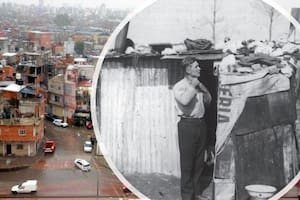 Vista de la Villa 1-11-14 en el Bajo Flores, Buenos Aires. Y una imagen de un joven arreglándose la corbata en la puerta de una casilla de chapa, del Archivo General de la Nación