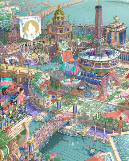 Vista de París desde las alturas, en uno de los posters de los Juegos realizados por el ilustrador francés Ugo Gattoni