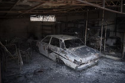 Vista de un coche quemado tras un incendio forestal en el suburbio de Fyli, al noroeste de Atenas, Grecia, viernes 25 de agosto de 2023. (AP Photo/Michael Varaklas).