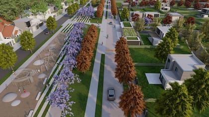Vista del parque público lineal que se desarrollará en el frente del proyecto, sobre la calle Ipiranga. Con 22 metros de ancho y más de 600 metros de extensión, contará con áreas verdes, zonas de descanso, juegos infantiles y una bicisenda