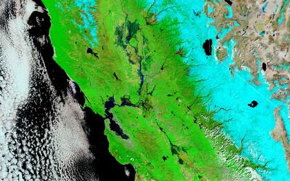 Vista espacial de Sacramento y la Bahía de San Francisco en marzo de 2023