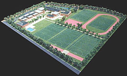 Vista panorámica del conjunto formado por los edificios y el área deportiva del Colegio Northlands en Nordelta, Tigre