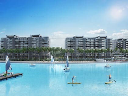 Vistas del exterior de Remeros Beach, con proyecciones de uso de la laguna turquesa que nuclea al complejo.