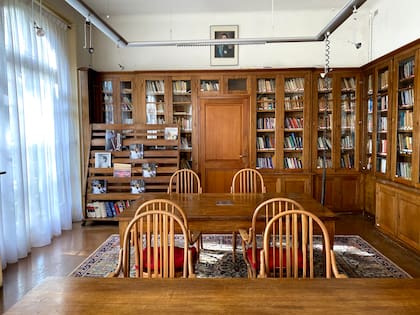 Vitrinas de madera lustradas, sillas con asientos tapizados y dos mesas compartidas ocupan el espacio central, sobre una alfombra con arabescos