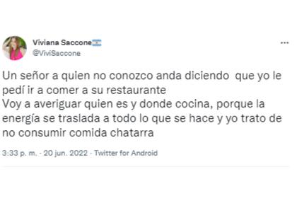 Viviana Saccone disparó contra el chef que la acusó en redes (Foto: Twitter @vivisacconne)