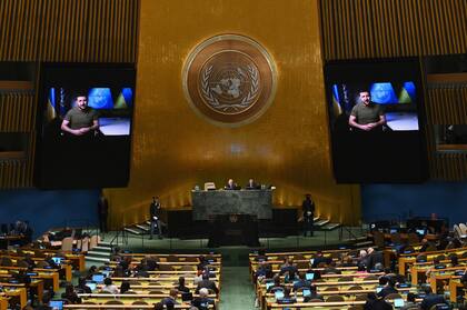 Volodimir Zelensky, en su mensaje ante la ONU. (ANGELA WEISS / AFP)