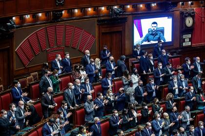 Ukrainian President Volodymyr Zelenskyy addresses the Italian parliament via video link, in Rome, Tuesday, March 22, 2022. (Roberto Monaldo/LaPresse via AP)