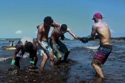 Voluntarios trabajan para limpiar el petróleo que provocó un desastre ecológico de las playas de Brasil