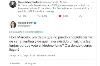 "¿Vos decís que no puedo enorgullecerme de ser argentina porque voto al kirchnerismo?", le preguntó Malena Pichot a Marcelo Mazzarello en su intercambio de tuits