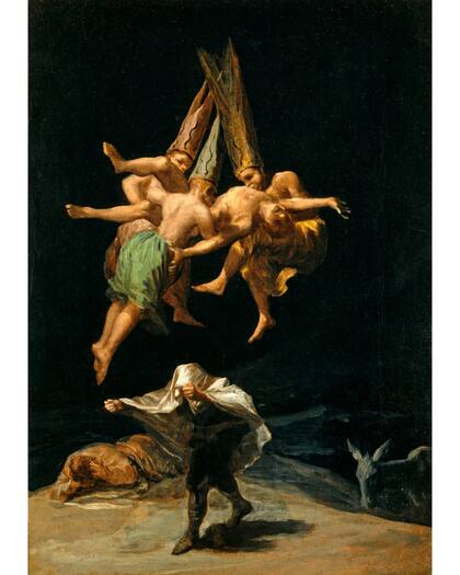 "Vuelo de brujas", de Francisco Goya (1798), representa a tres figuras flotantes con altos sombreros cónicos que transportan a un hombre en el aire