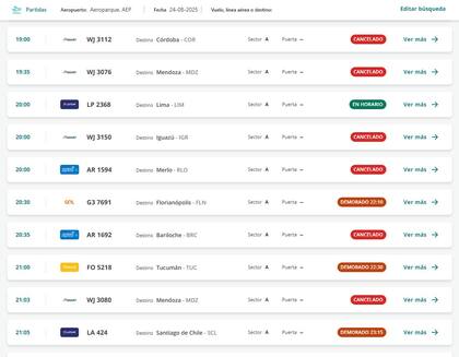 Vuelos demorados y cancelados en el Aeroparque Jorge Newbery por un paro del gremio de los controladores que afecta las partidas.