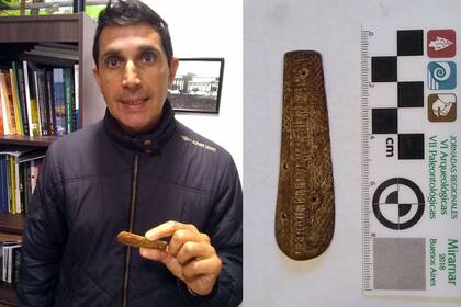 Walter Puebla con uno de los antiguos manguitos ingleses de hueso, el cual donó recientemente al museo