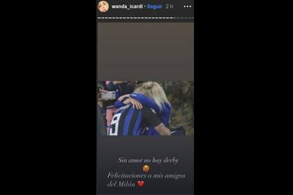 "Sin amor no hay derby. Felicitaciones a mis amigos del Milan", publicó Wanda con una foto dónde se la puede junto al delantero argentino. Están abrazados luego de un clásico, jugado en 2018, que terminó con victoria para Inter con un gol de Icardi