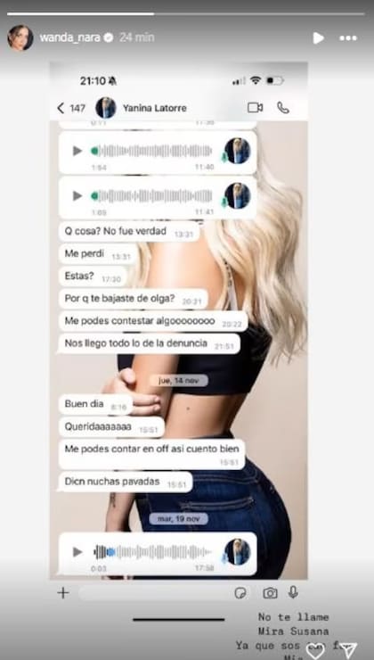 Wanda Nara expuso un chat que mantuvo con Yanina Latorre para mostrar cómo la panelista le enviaba constantemente mensajes
