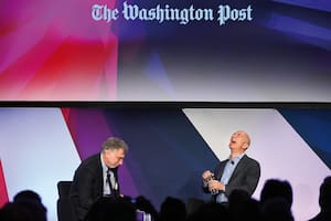 WASHINGTON, DC - MAY 18: Amazon founder and owner of The Washington Post via Getty Images Jeff Bezos (R) is interviewed by Post Editor Martin Baron in Washington, DC on May 18, 2016. It was all part of The Washington Post via Getty Images's Transformers day long event featuring technological advances and business moves that are upending industries and changing lives. (Photo by Linda Davidson / The Washington Post via Getty Images)