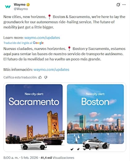 Waymo anunció su expansión a Sacramento