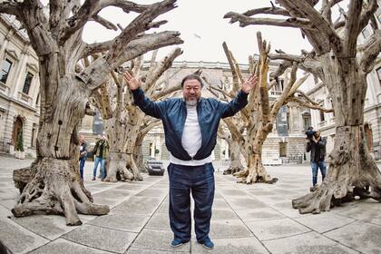 Weiwei, junto a su obra, Tree, en el patio de la Real Academia de las Artes en Londres