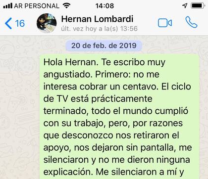 WhatsApp de Federico Andahazi a Hernán Lombardi.