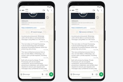 WhatsApp está probando una función para resumir con Meta IA una serie de mensajes no leídos; la función aparecerá como un botón, como muestra la imagen de la derecha