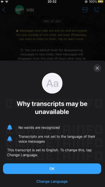 WhatsApp implementará una pantalla informativa sobre las razones por las que una transcripción puede no estar disponible