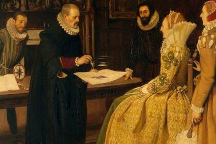 William Gilbert haciendo una demostración con un imán para la reina Isabel I