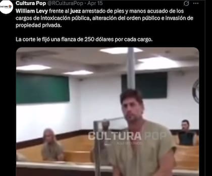 William Levy frente al juez tras ser detenido por intoxicación, alteración del orden público y allanamiento de propiedad privada. X / @culturapop