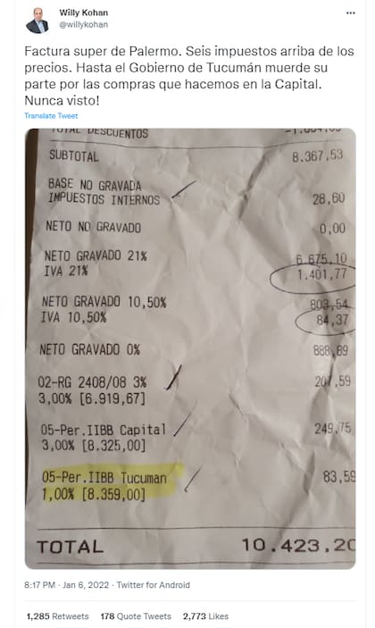 Willy Kohan compartió el ticket de un supermercado con una serie de impuestos nacionales y provinciales