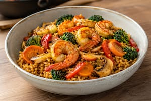 Wok de langostinos, arroz yamaní y vegetales con cúrcuma y pimienta