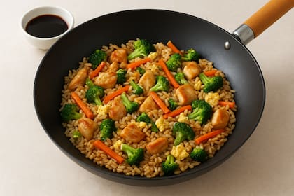 Wok de pollo, huevo y arroz integral