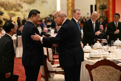 Xi Jinping y Trump se estrechan la mano mientras asisten a un banquete de Estado en el Gran Palacio del Pueblo, en Pekín, el 14 de mayo de 2026