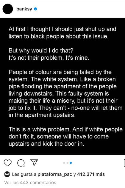 Está presentado en letras blancas sobre fondo negro, como muchas de las declaraciones contra el racismo que se hicieron esta semana