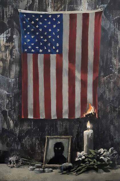La pintura completa publicada por Banksy, que muestra una bandera estadounidense y una vela encendida junto al retrato de una figura negra