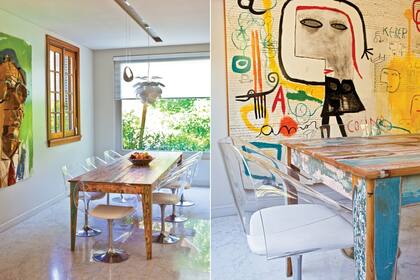 Y para los más jugados, un mix genial: la mesa rústica decapada se combinó con sillas con pie de acero y asiento de acrílico transparente