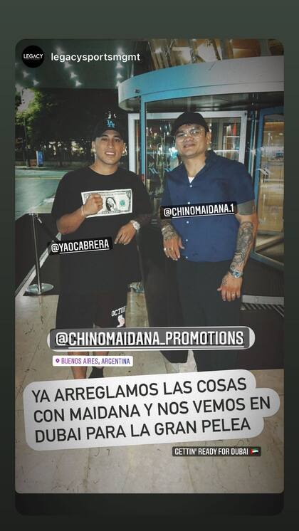 "Ya arreglamos las cosas con Maidana y nos vemos en Dubai para la gran pelea", escribió Yao Cabrera en su cuenta de Instagram