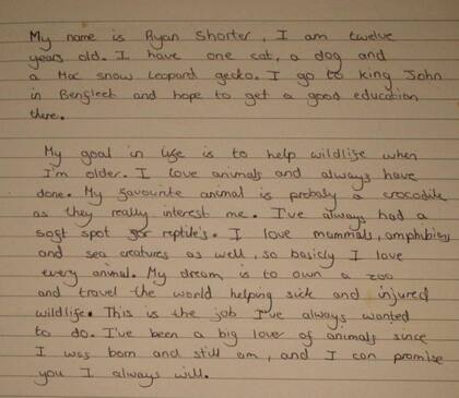 Ya en la primaria Ryan Shorter dejó plasmadas en varias ocasiones sus intenciones de dedicarse a la conservación de animales