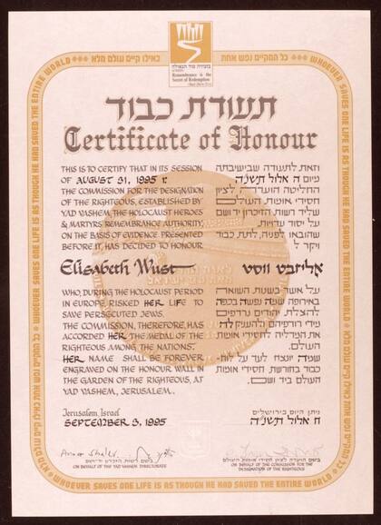 Yad Vashem le concedió el título de "Justa entre las naciones" por salvar la vida a tres judíos durante la guerra después de la detención de Felice. También Alemania le concedió la cruz de honor en 1981