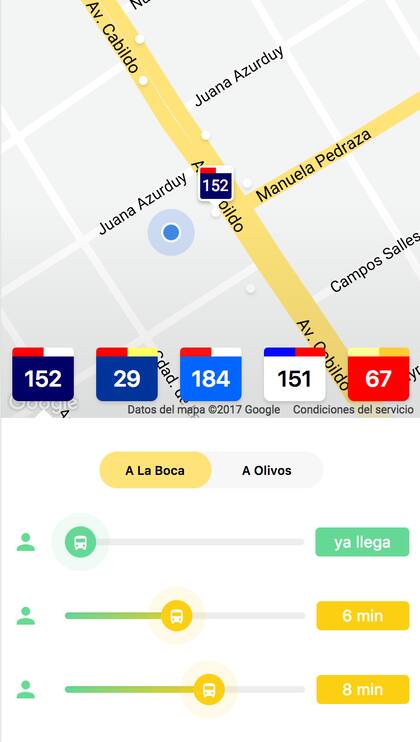 Yallega.com.ar te muestra en un mapa la ubicación de los colectivos