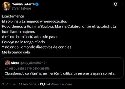 Yanina fue con todo y aseguró que Beto disfruta de humillar mujeres