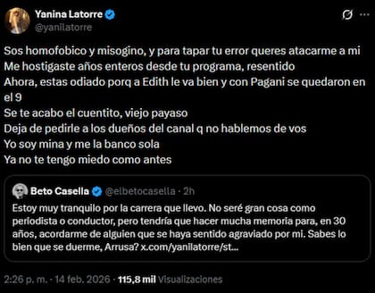 Yanina Latorre contraatacó a Beto Casella luego de sus respuestas