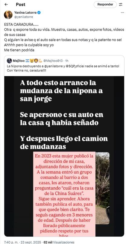 Yanina Latorre no se quedó callada y decidió responderle a la actriz a través de X (Foto: Captura X @yanilatorre)