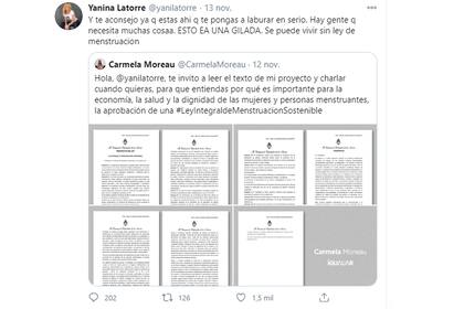 Yanina Latorre se mostró indignada por la "ley integral de menstruación sostenible", propuesta por Carmela Moreau