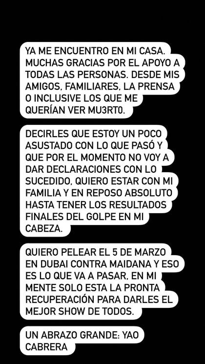 Yao Cabrera anunció que ya está en su casa y hará "reposo absoluto". (Foto: Instagram)