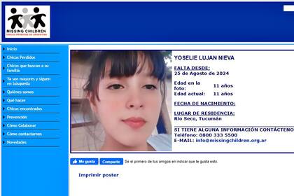 Yoselei Lujan Nieva de 11 años desapareció el domingo al mediodía cuando fue a comprar a un almacén