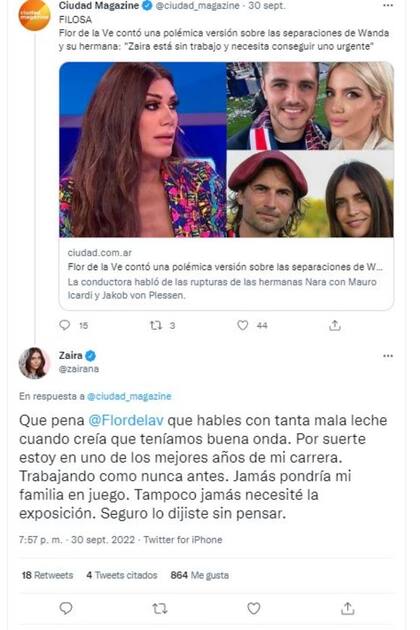 Zaira Nara eligió el posteo de un portal con las declaraciones de Flor de la V. para contestarle