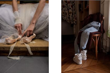 Zapatillas de punta y de calle: después de un ensayo de "Giselle", título romántico por antonomasia en el repertorio del ballet, y antes de la transformación, con la ropa en una silla de su vestidor en la Ópera de París