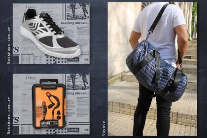 Zapatillas Gonew $549 en Netshoes.com.ar / Auricular para auto $1119 en Netshoes.com.ar / Bolso $1300 de Vayate /