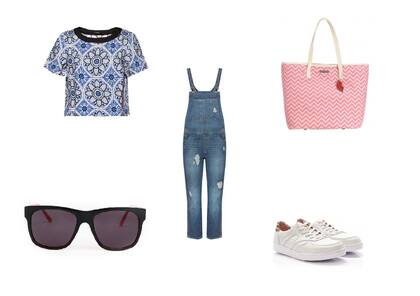 Zapatillas (Heyas, $1240) Anteojos (Absurda) Remera (Clara, $1120) Jardinero (Cher, $2998) Cartera (Justa Osadia, $2600, 2x1 Fotter)