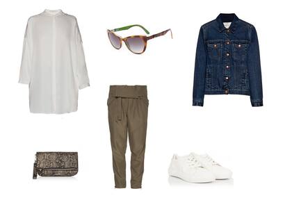 Zapatillas (Sky Blue, $850) Anteojos (Absurda) Pantalón (Paula Cahen DAnvers, $2400) Sobre (Lazaro, $1390) Camisa (Awada, $2100) Campera (Cher)