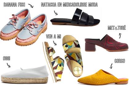 Zapatos acordonados de Banana fish $1700 / Sandalias estampadas de Ven a mi $549 / Zuecos de Met&Turé $1920 / Alpargatas de cuero con yute de Oggi $999 / Sandalias de Natacha en Mercado libre moda $1690 / Zuecos de Corso $1540.